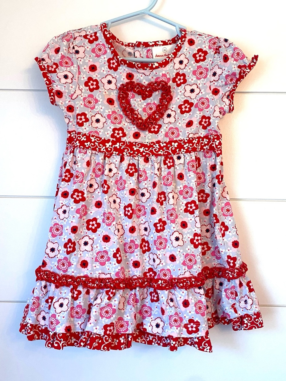 Hanna Anderson Red Floral Heart-Accent Short Sleeve Dress for Girls (12- 18 mo)